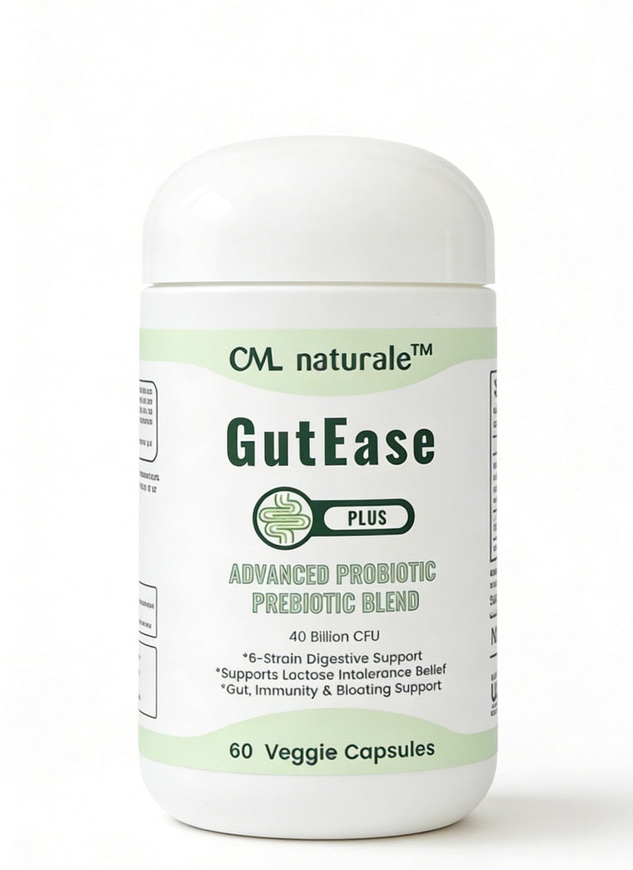 CML naturàle GutEase Plus probiotic supplement bottle with 40 billion CFU and prebiotic blend, 60 veggie capsules