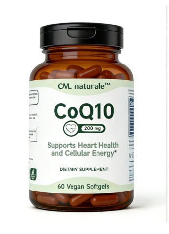 CML naturale CoQ10 200mg supplement bottle with 60 vegan softgels amber container