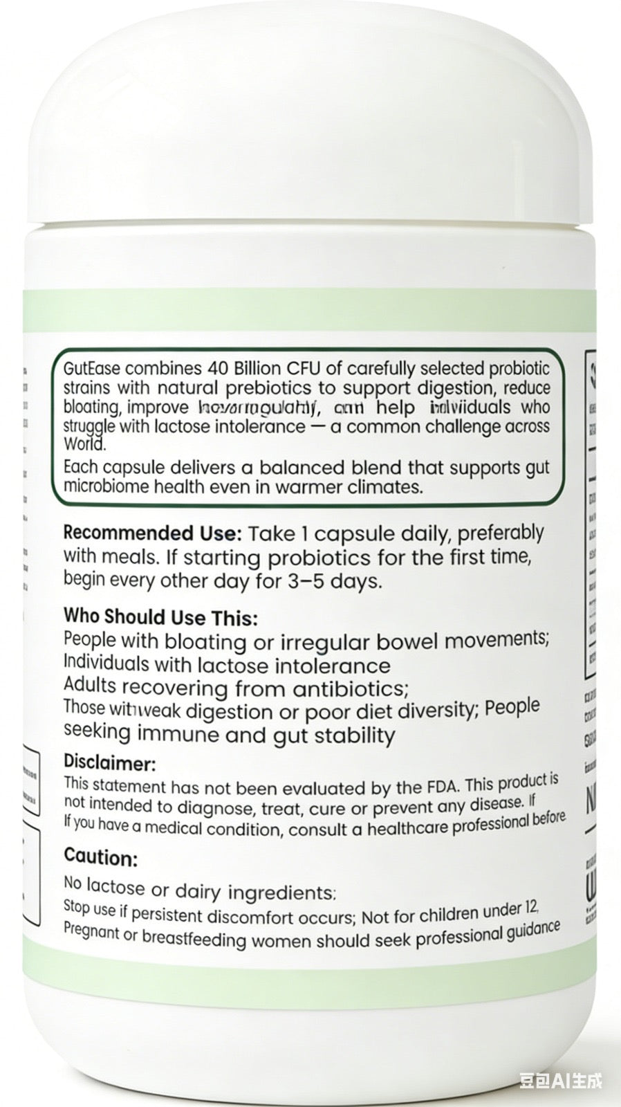 GutEase Plus showing 6 probiotic strains, 40 billion CFU, and prebiotic blend ingredients
