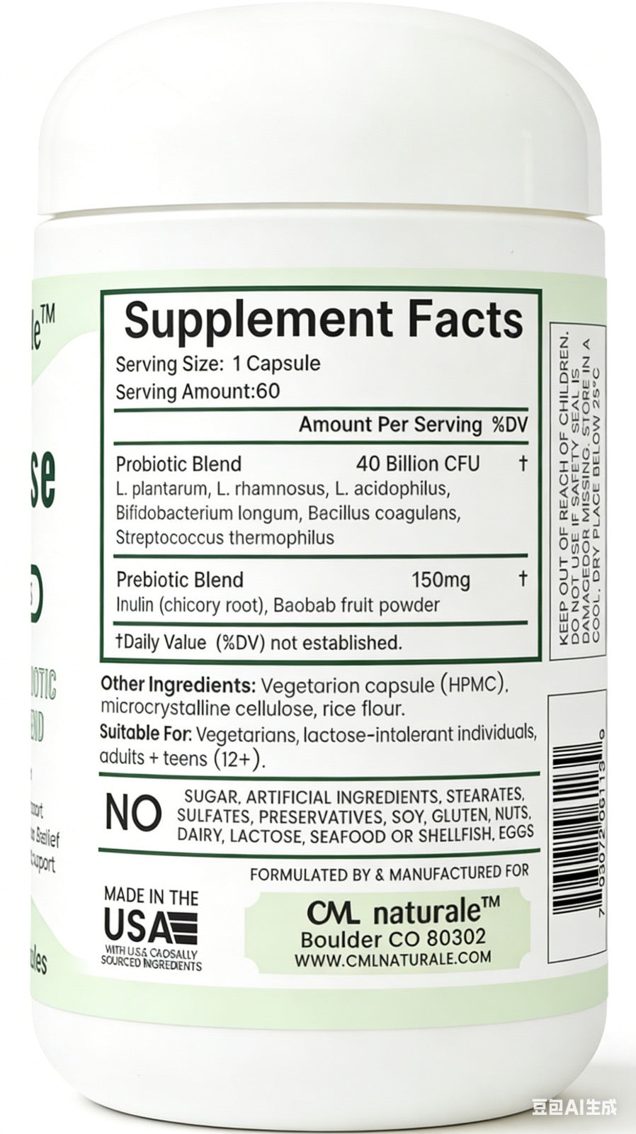 GutEase Plus supplement facts label showing 6 probiotic strains, 40 billion CFU, and prebiotic blend ingredients