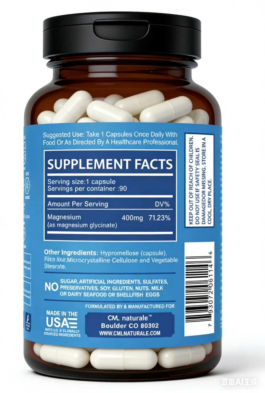 Magnesium glycinate 400mg supplement facts label with serving size and ingredient details